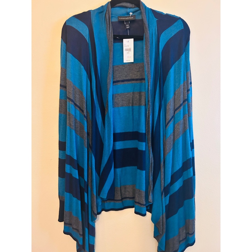 Lane Bryant Cardigan Womens 14/16 Blue New Striped Draped Open Front 013-E